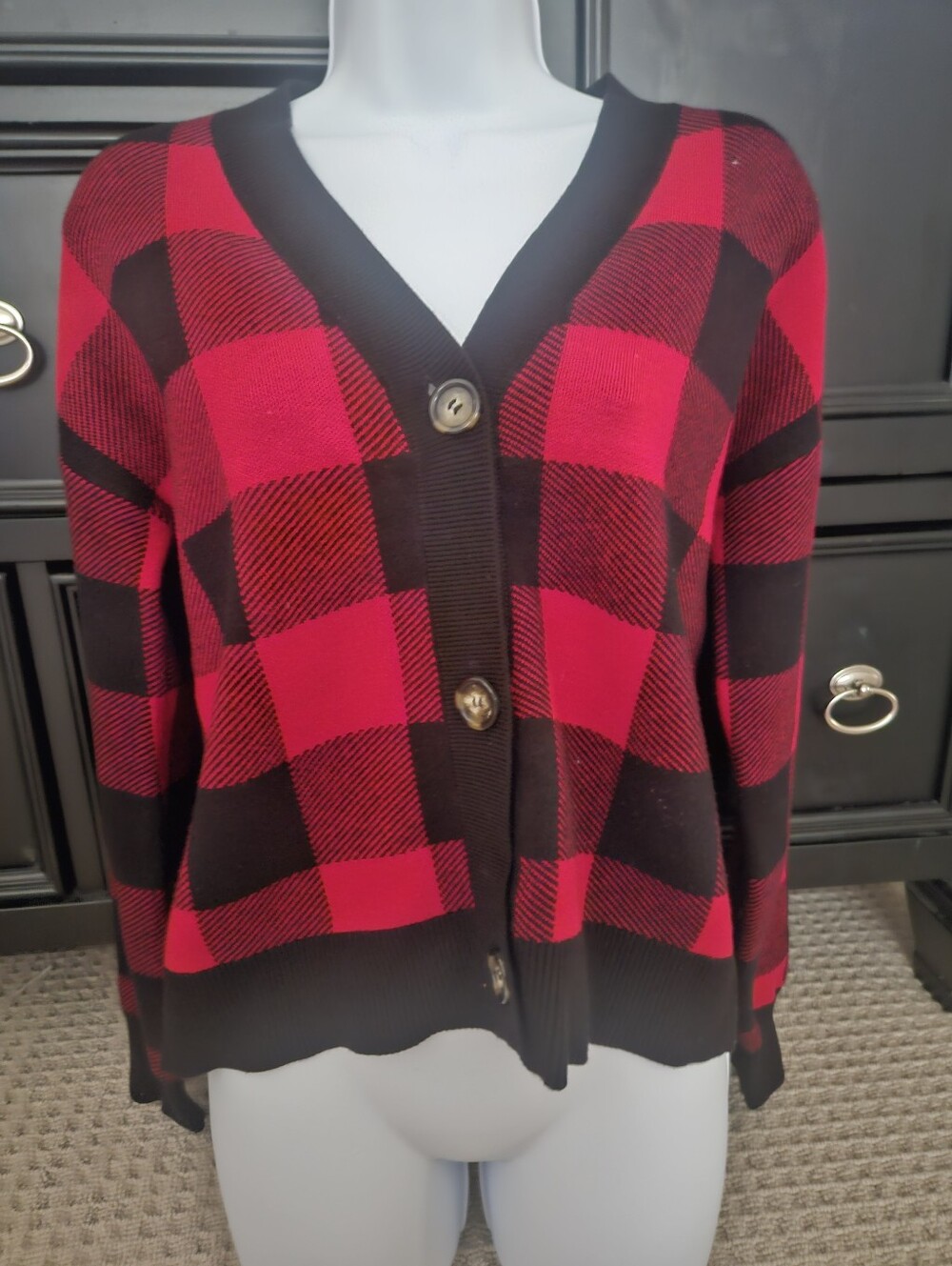 Madewell Bayberry Cardigan Sweater in Buffalo Check Red Black Small S
